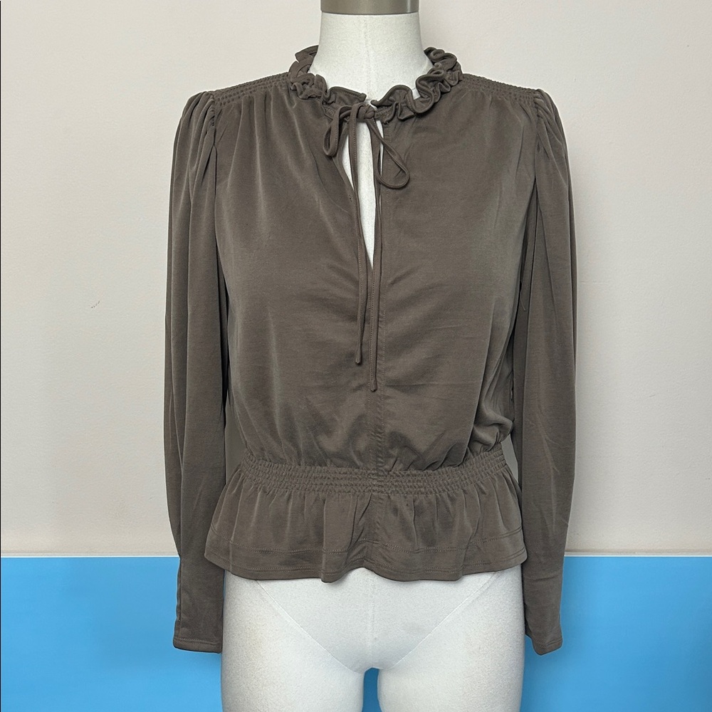 Elie Tahari Brown Victorian Style Ruffle Neck with Ruched Shoulder Design size S